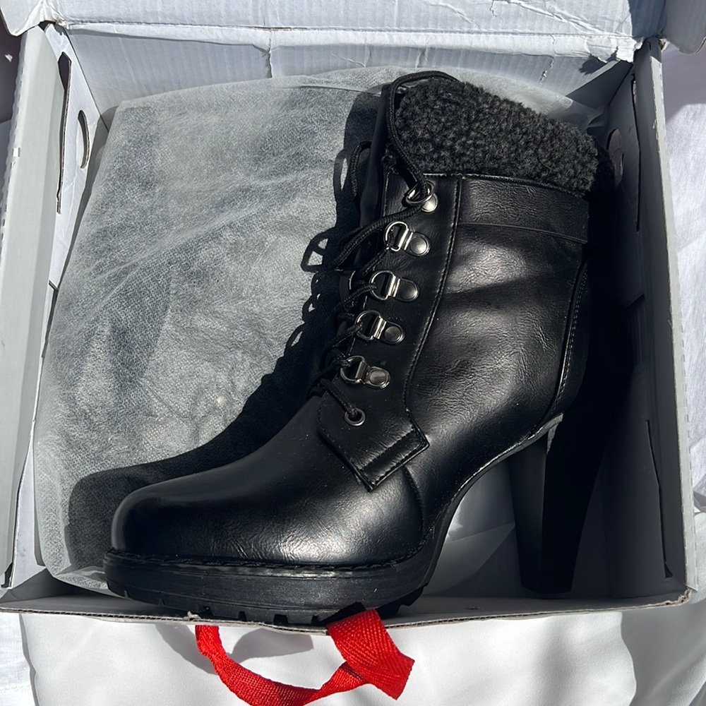 New! Black Faux Leather Lace-Up Ankle Booties.